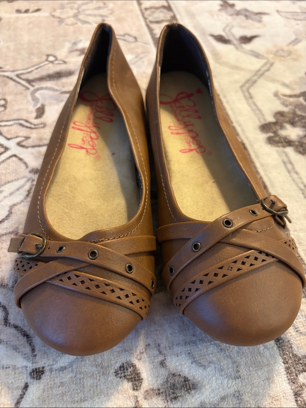 Jellypop Women's Tan Brown Ballet Flats with Buckle Strap detail
